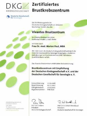 Центр рака груди клиники Вивантес сертифицирован немецким обществом онкологов